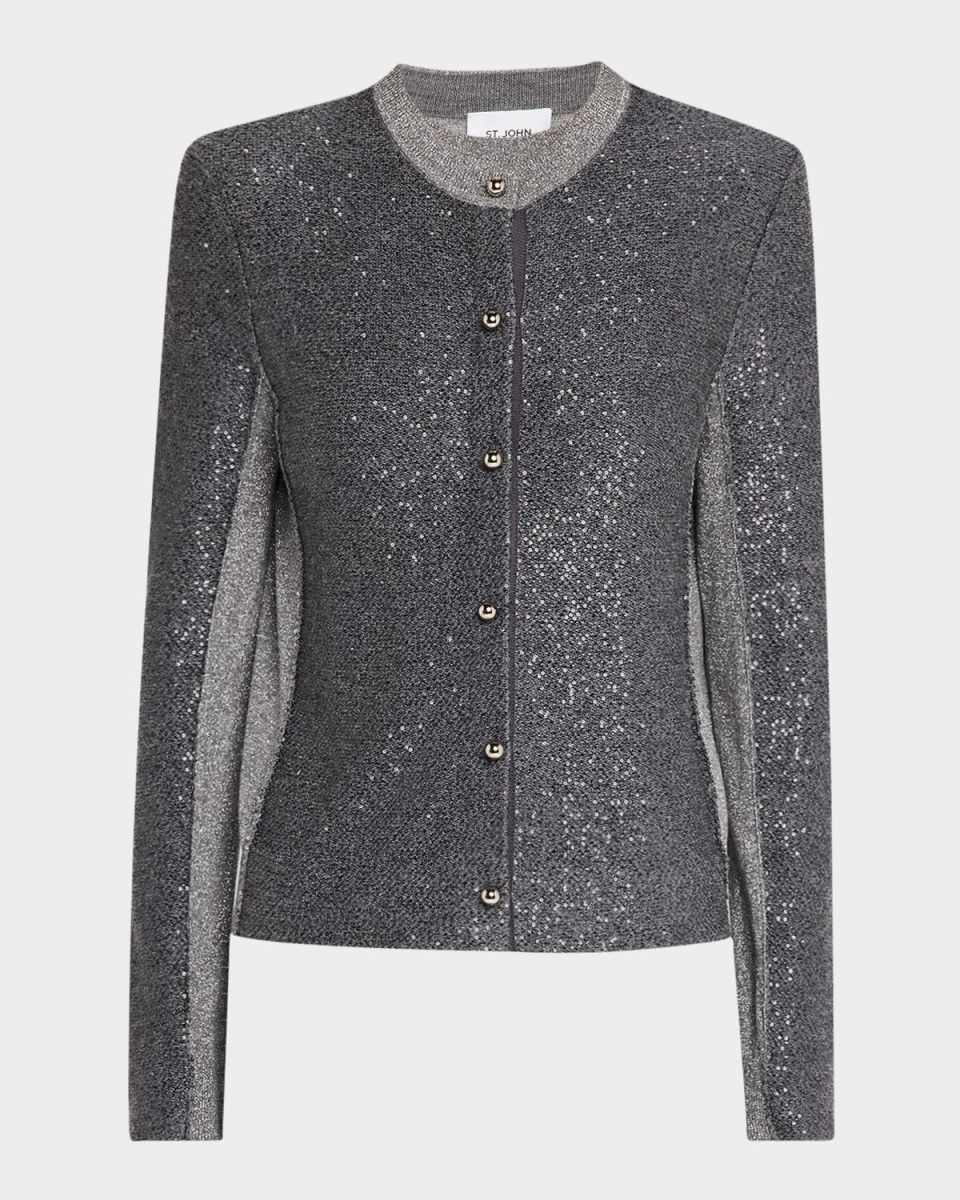 Sequin-Front Metallic Knit Cardigan